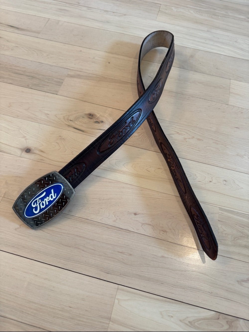 Ford Brown Leather Belt with Blue Emblem Buckle